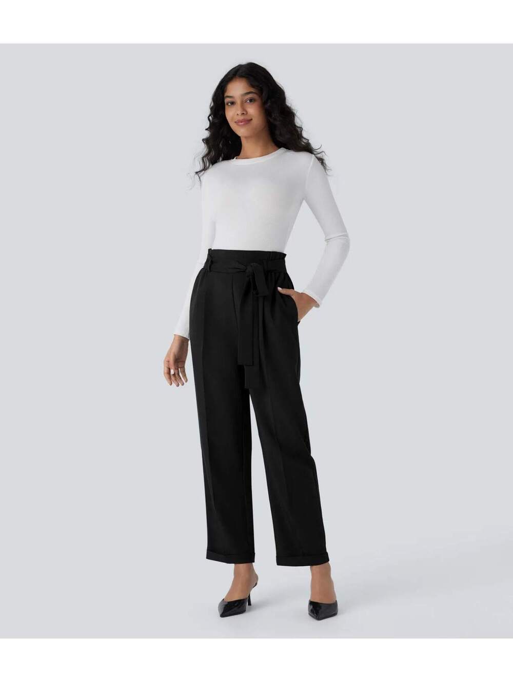 Halara High Waisted Belted Pocket Straight Leg Work Pants Black Size Large - Picture 9 of 9